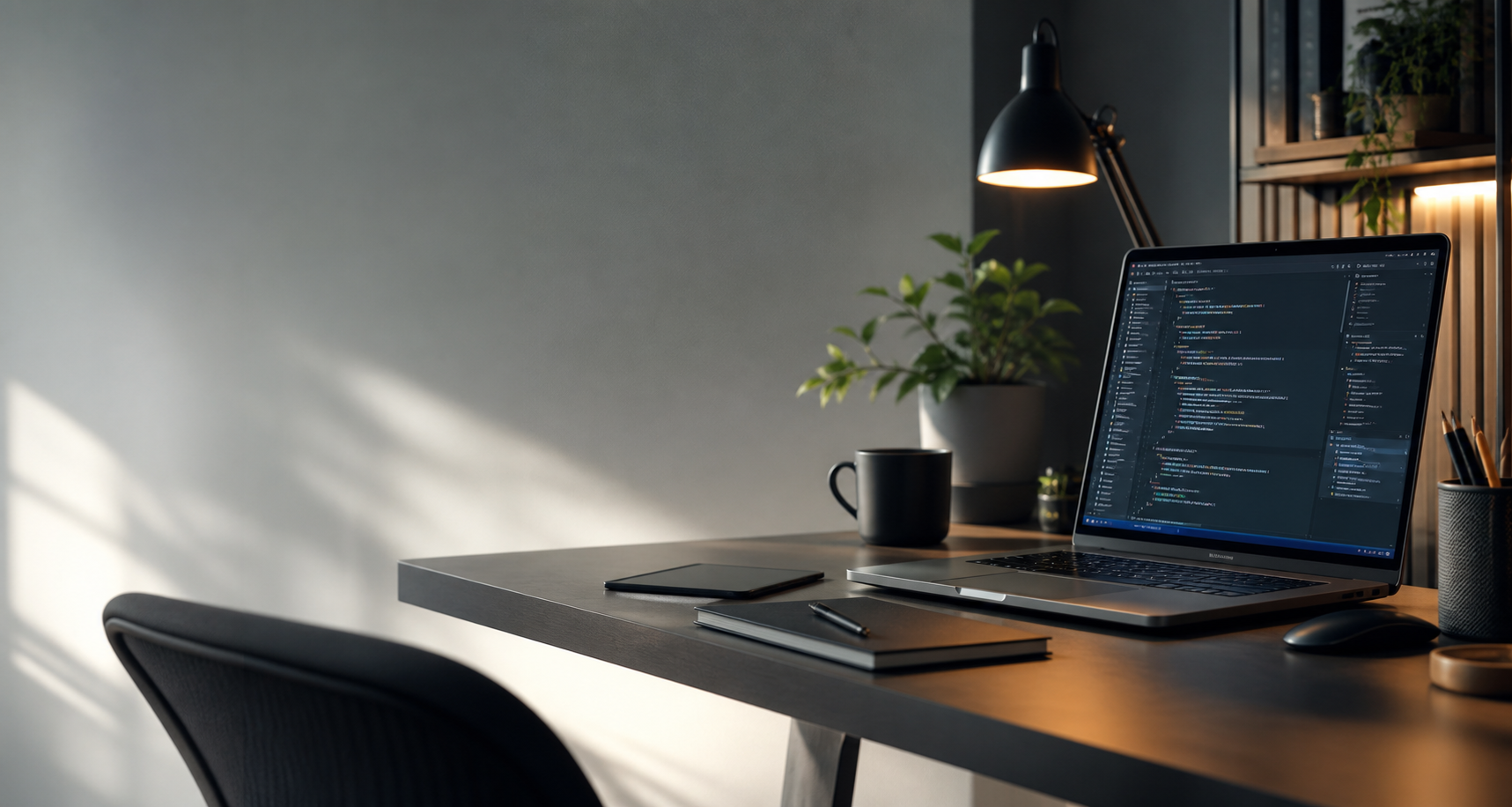 Escritorio moderno de desarrollo web con laptop y notas